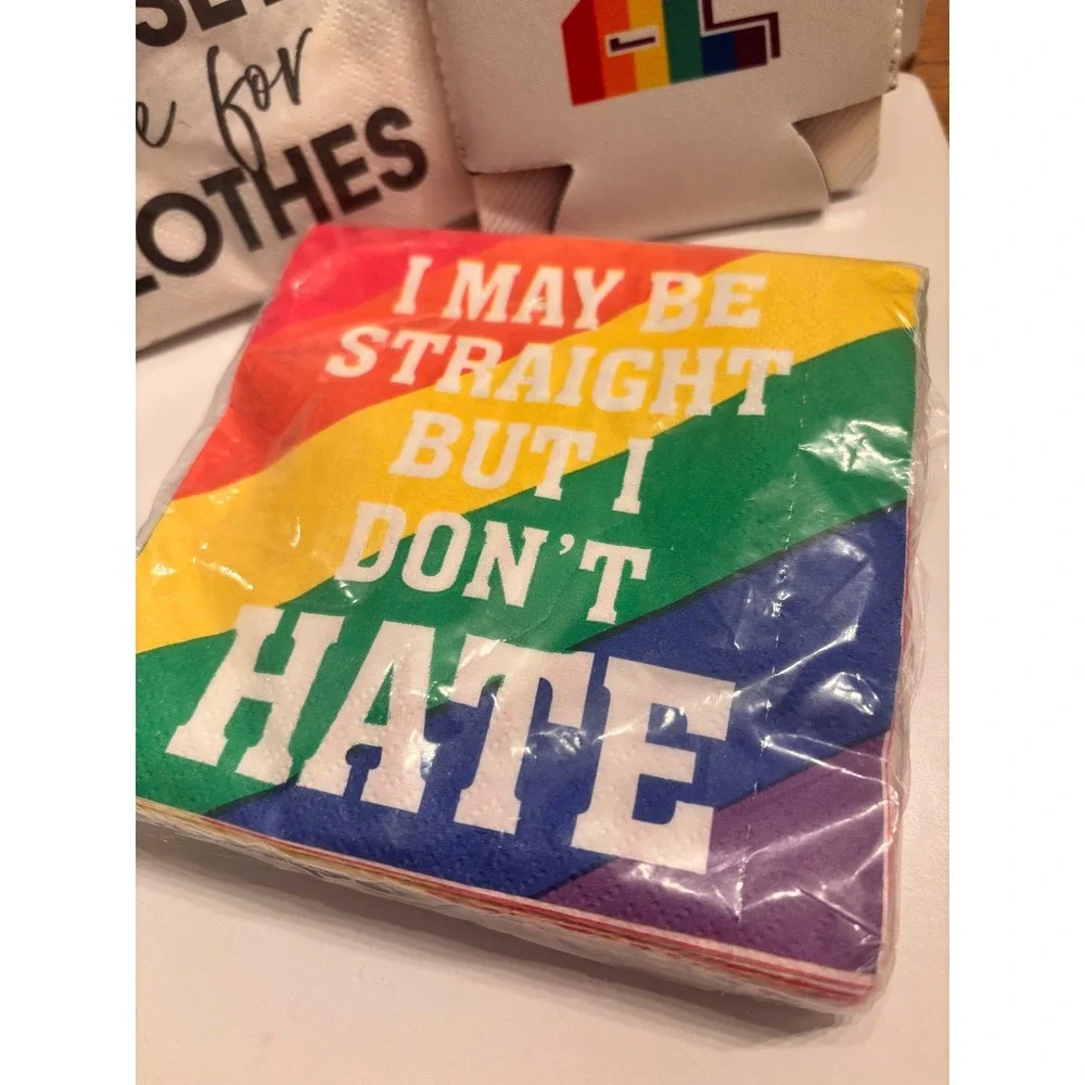Celebrate! Pride Rainbow Can Cooler & Napkin Set LGBT LGBTQ+‎ Party